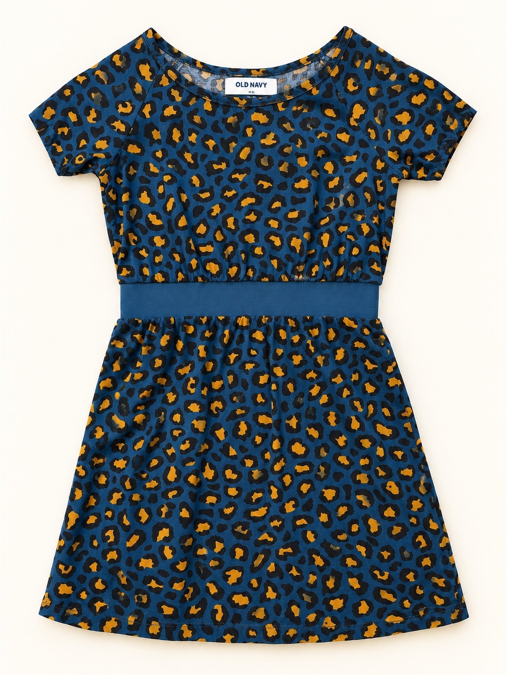 Old Navy Girls Animal Print Short-Sleeve Dress / Teal Blue Mustard Leopard-Print
